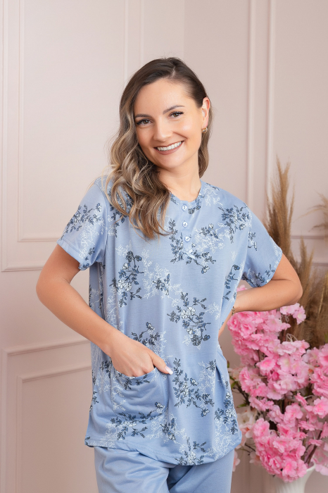 Pijama dama Lena cu imprimeu floral albastru si buzunar [3]