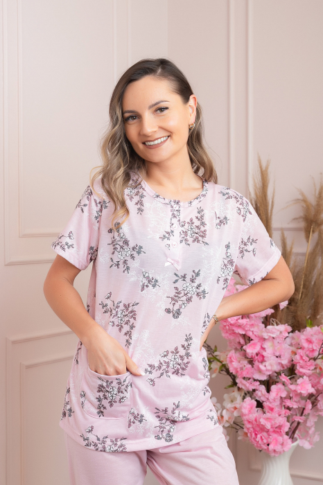 Pijama dama Lena cu imprimeu floral lila si buzunar [3]