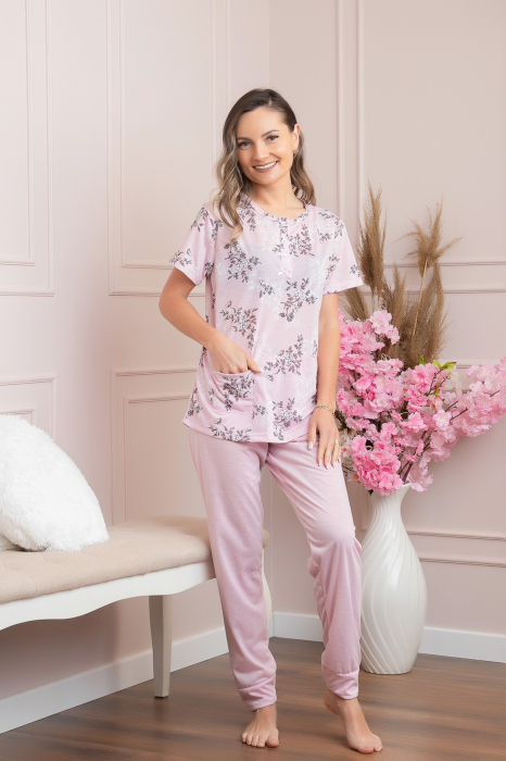 Pijama dama Lena cu imprimeu floral lila si buzunar [4]