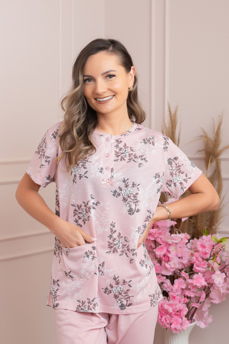 Pijama dama Lena cu imprimeu floral roz si buzunar [3]