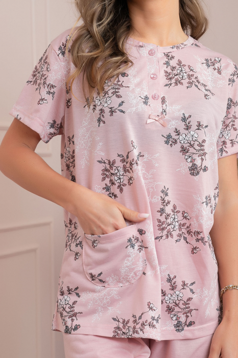 Pijama dama Lena cu imprimeu floral roz si buzunar [2]