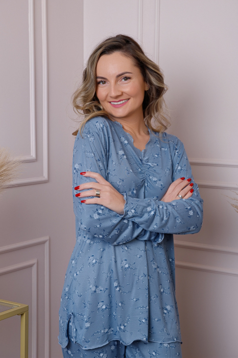 Pijama dama Lisa din bumbac albastru cu imprimeu floral [2]