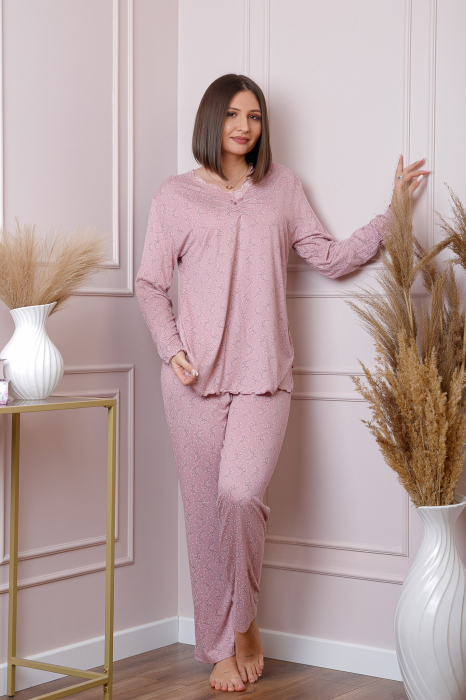 Pijama dama Lisa plus size din bumbac roz pudrat cu imprimeu floral [4]