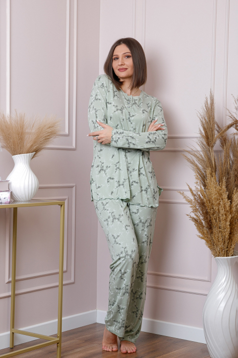 Pijama dama Lisa plus size din bumbac verde pastel cu imprimeu floral [4]