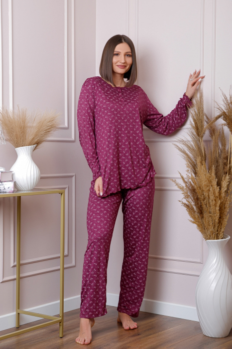 Pijama dama Lisa plus size din bumbac visiniu cu imprimeu floral [4]