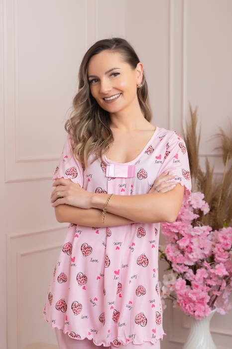 Pijama dama Lolly cu maneci scurte si imprimeu inimioare - Roz [3]