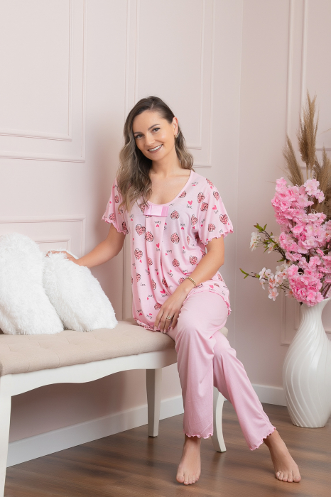 Pijama dama Lolly cu maneci scurte si imprimeu inimioare - Roz