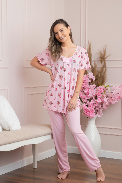 Pijama dama Lolly cu maneci scurte si imprimeu inimioare - Roz [4]