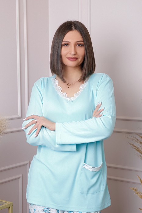 Pijama dama Mandy plus size cu bluza bleu si pantaloni cu imprimeu [2]