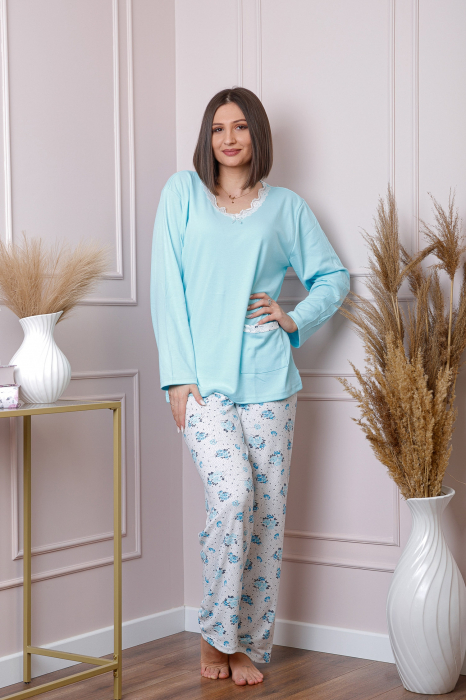 Pijama dama Mandy plus size cu bluza bleu si pantaloni cu imprimeu [4]
