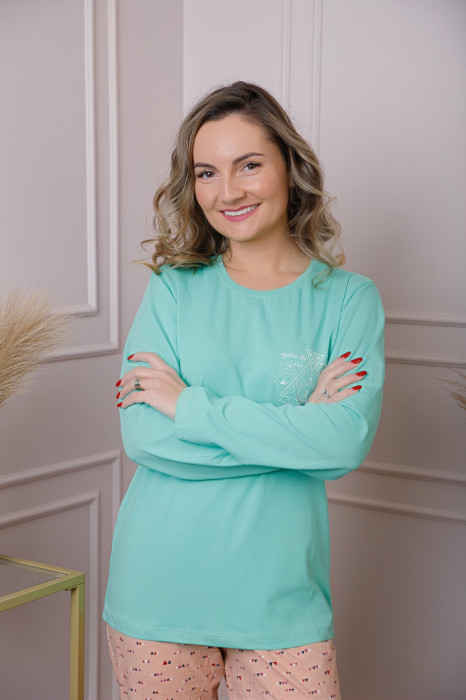 Pijama dama Maya cu bluza turcoaz si pantaloni cu imprimeu [2]
