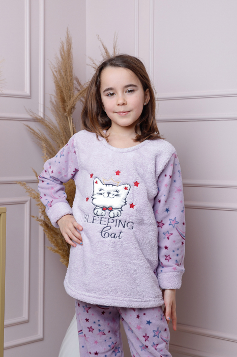 Pijama fetite Daisy din fleece mov cu model cu pisicute [3]