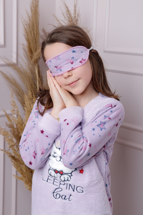 Pijama fetite Daisy din fleece mov cu model cu pisicute [2]