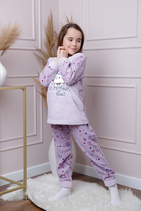 Pijama fetite Daisy din fleece mov cu model cu pisicute