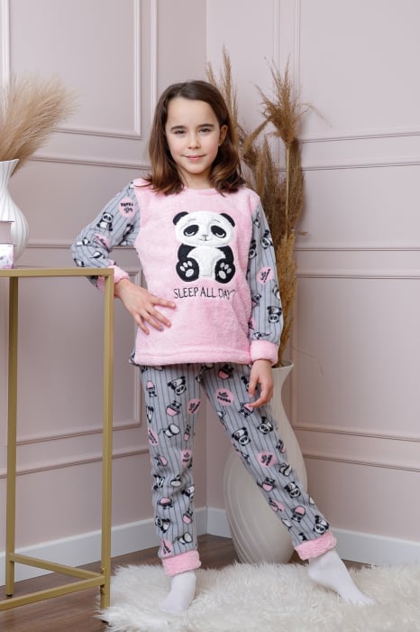 Pijama fetite Daisy din fleece roz cu model cu panda