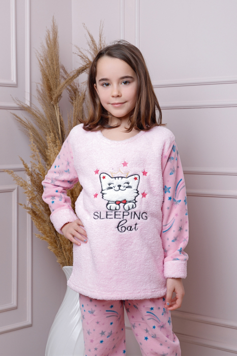 Pijama fetite Daisy din fleece roz cu model cu pisicute [3]