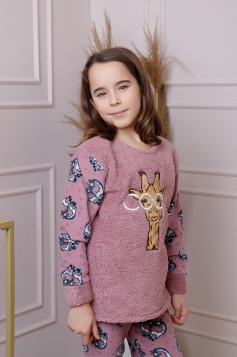 Pijama fetite Daisy din fleece roz prafuit cu model cu girafe [3]