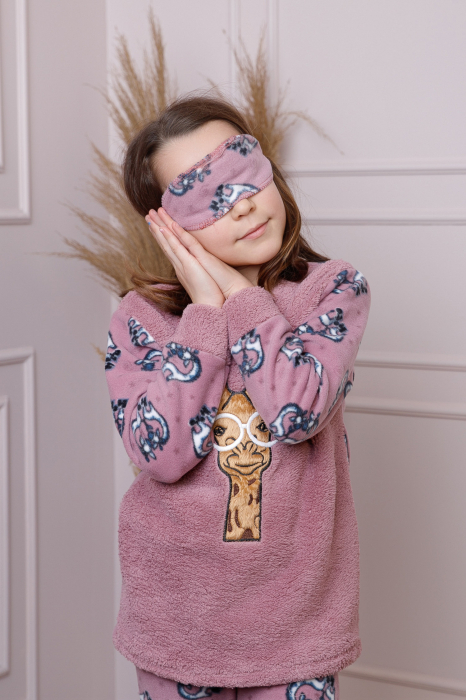 Pijama fetite Daisy din fleece roz prafuit cu model cu girafe [2]