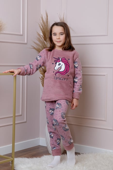 Pijama fetite Daisy din fleece roz prafuit cu model cu unicorni