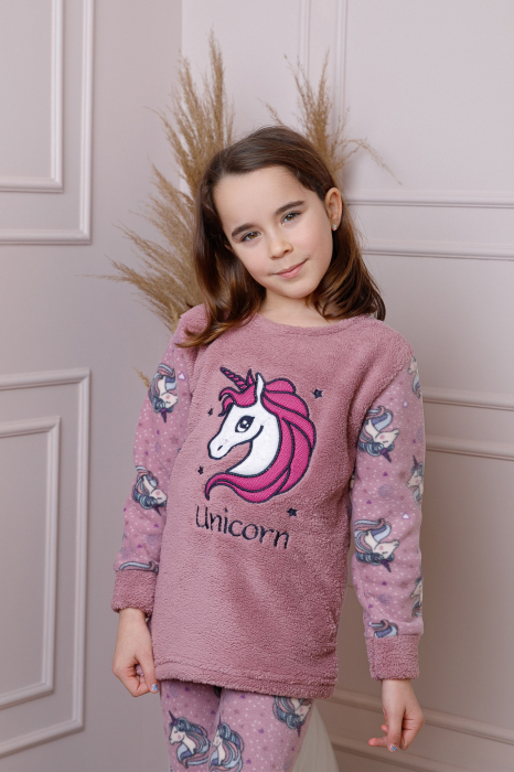 Pijama fetite Daisy din fleece roz prafuit cu model cu unicorni [3]