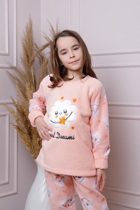 Pijama fetite Daisy din fleece roz somon cu model cu norisori [3]