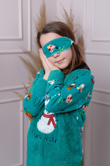 Pijama fetite Daisy din fleece turcoaz cu model cu om de zapada [2]