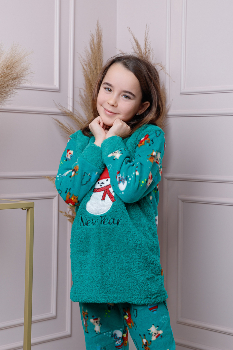 Pijama fetite Daisy din fleece turcoaz cu model cu om de zapada [3]