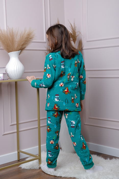 Pijama fetite Daisy din fleece turcoaz cu model cu om de zapada [4]