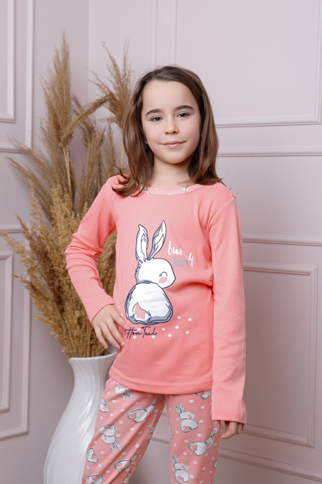 Pijama fetite Ellie din bumbac corai cu imprimeu cu iepurasi [3]
