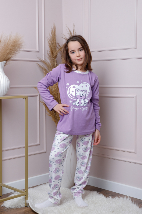 Pijama fetite Ellie din bumbac mov cu imprimeu cu pisicute [4]