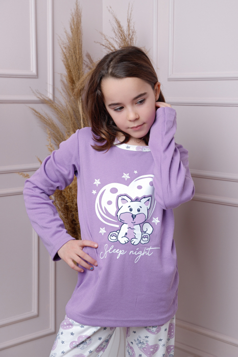Pijama fetite Ellie din bumbac mov cu imprimeu cu pisicute [3]
