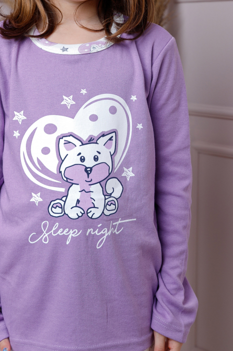 Pijama fetite Ellie din bumbac mov cu imprimeu cu pisicute [2]