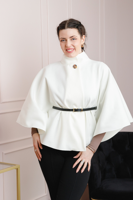 Poncho alb elegant cu curea in talie [3]