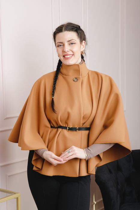 Poncho camel elegant cu curea in talie [3]