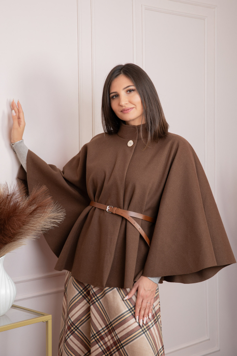 Poncho dama maro cu lana si curea in talie Kara [3]