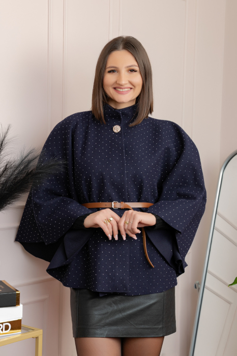 Poncho elegant bleumarin din stofa cu strasuri [4]