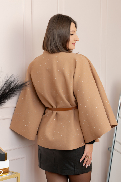 Poncho elegant camel din stofa cu strasuri [3]