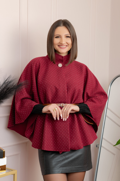 Poncho elegant grena din stofa cu strasuri [4]