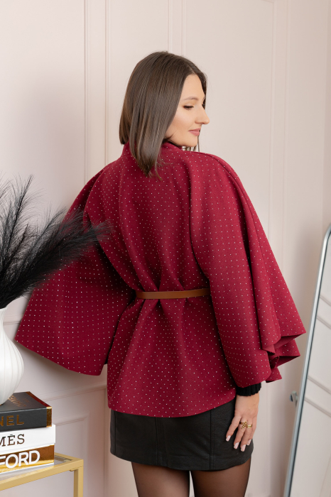Poncho elegant grena din stofa cu strasuri [3]