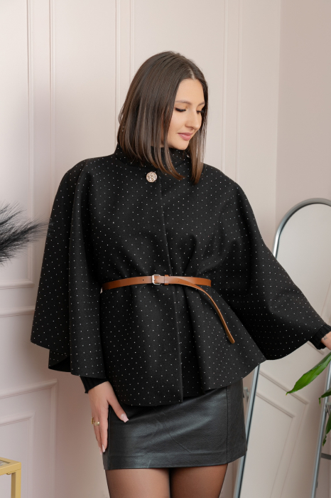 Poncho elegant negru din stofa cu strasuri [2]