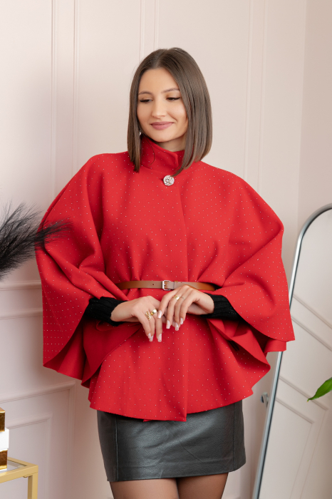 Poncho elegant rosu din stofa cu strasuri [4]