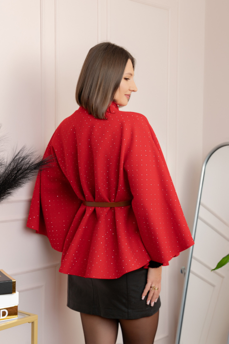 Poncho elegant rosu din stofa cu strasuri [3]