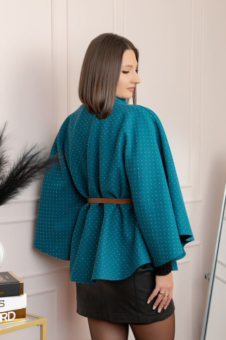 Poncho elegant turcoaz din stofa cu strasuri [3]