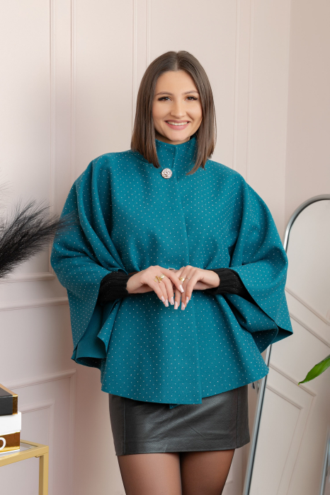 Poncho elegant turcoaz din stofa cu strasuri [4]