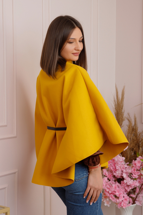 Poncho galben mustar elegant cu curea in talie [4]