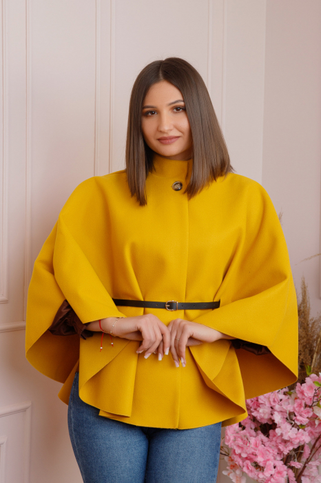 Poncho galben mustar elegant cu curea in talie [3]