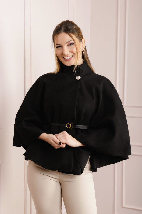 Poncho negru elegant cu curea in talie [3]