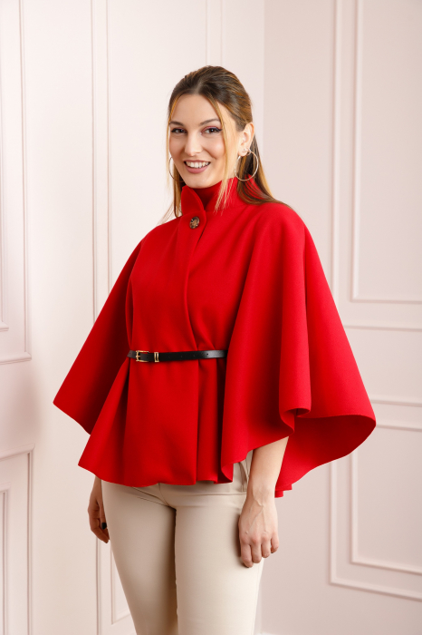 Poncho rosu elegant cu curea in talie [3]
