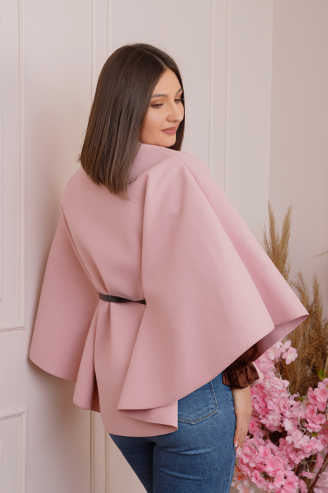 Poncho roz pudrat elegant cu curea in talie [4]