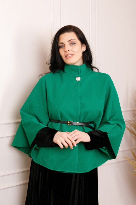 Poncho verde elegant cu curea in talie si detaliu texturat [3]